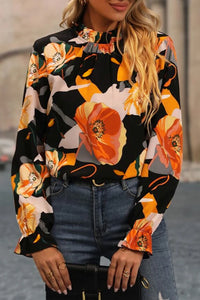 Black Floral Print Mock Neck Blouse