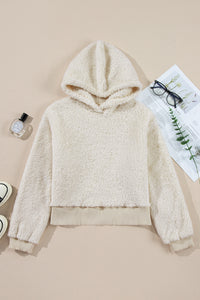 White Contrast Ribbed Edge Plush Hoodie