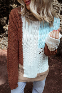 Khaki Mix Textured Knit Colorblock Patchwork Sweater