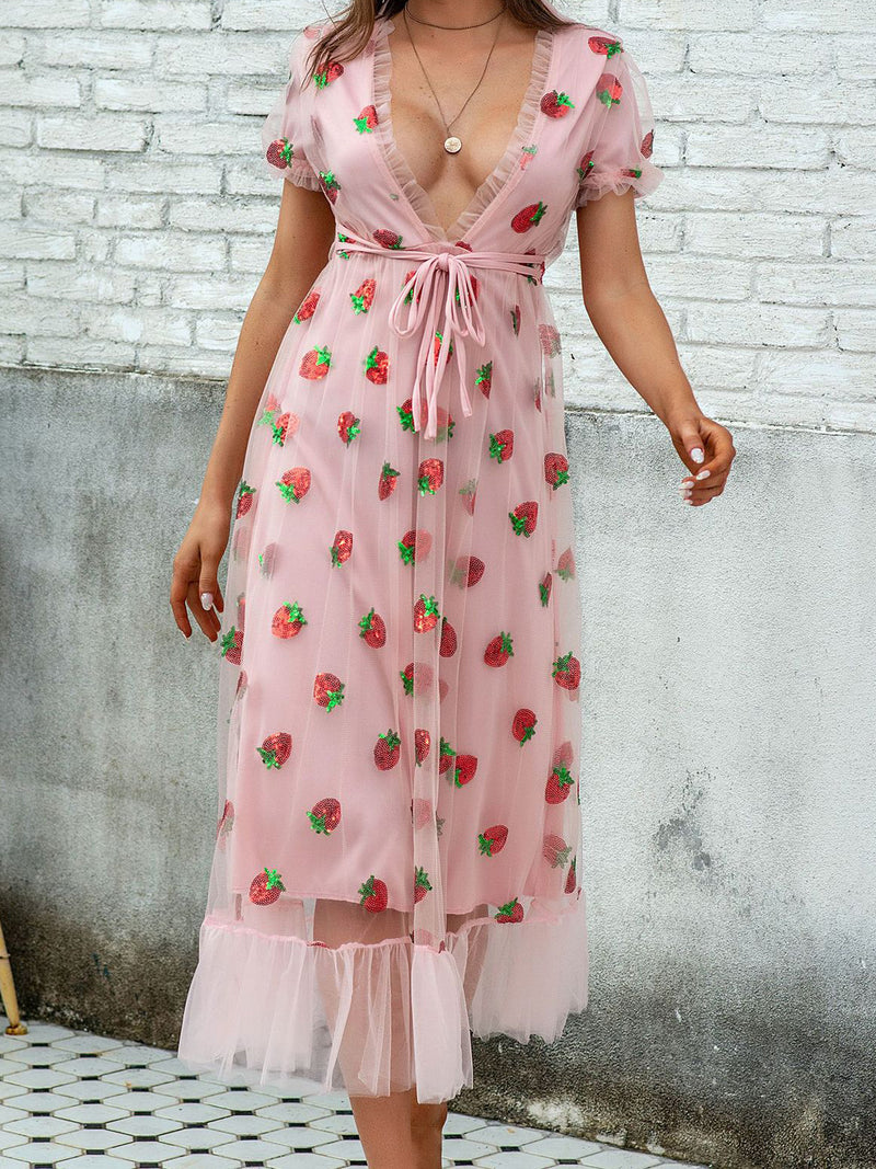 VESTIDO ELEGANTE CON FRESAS RUBINIA rosa