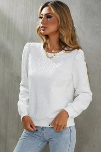 White Textured Puff Long Sleeve Round Neck Top