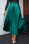 Blackish Green Satin Elastic Waist Pleated Maxi Skirt