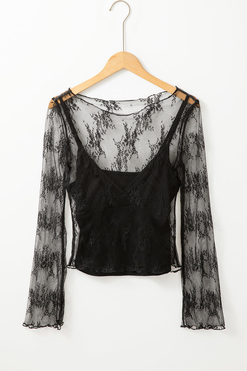 Black Lace Mesh Crochet Splicing Slim Fit Long Sleeve Blouse