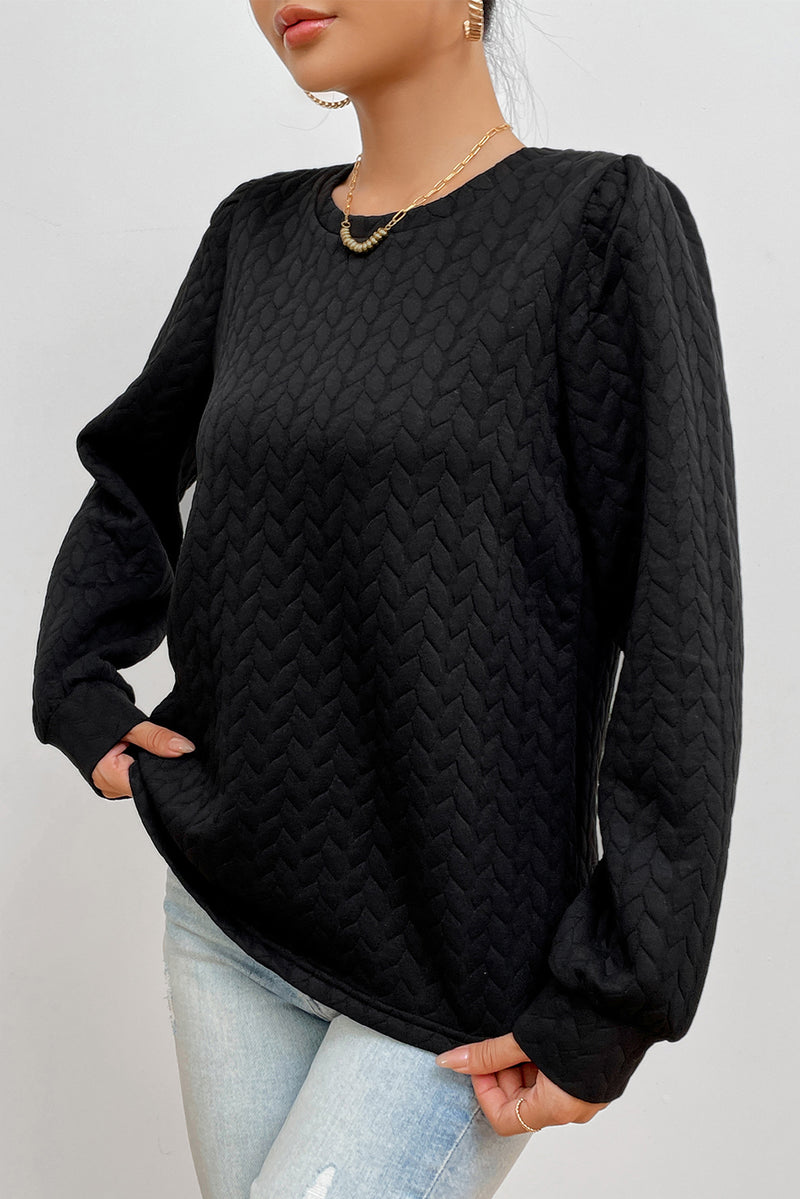 Black Cable Textured Puff Sleeve Sweatshirt