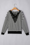 Black Stripe Crochet Hollow-out Back Buttoned Shoulder V Neck Top