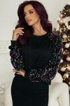 Black Sequin Raglan Sleeve Crewneck Pullover Sweatshirt