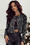 Black Sequined Open Front Cropped Jacket