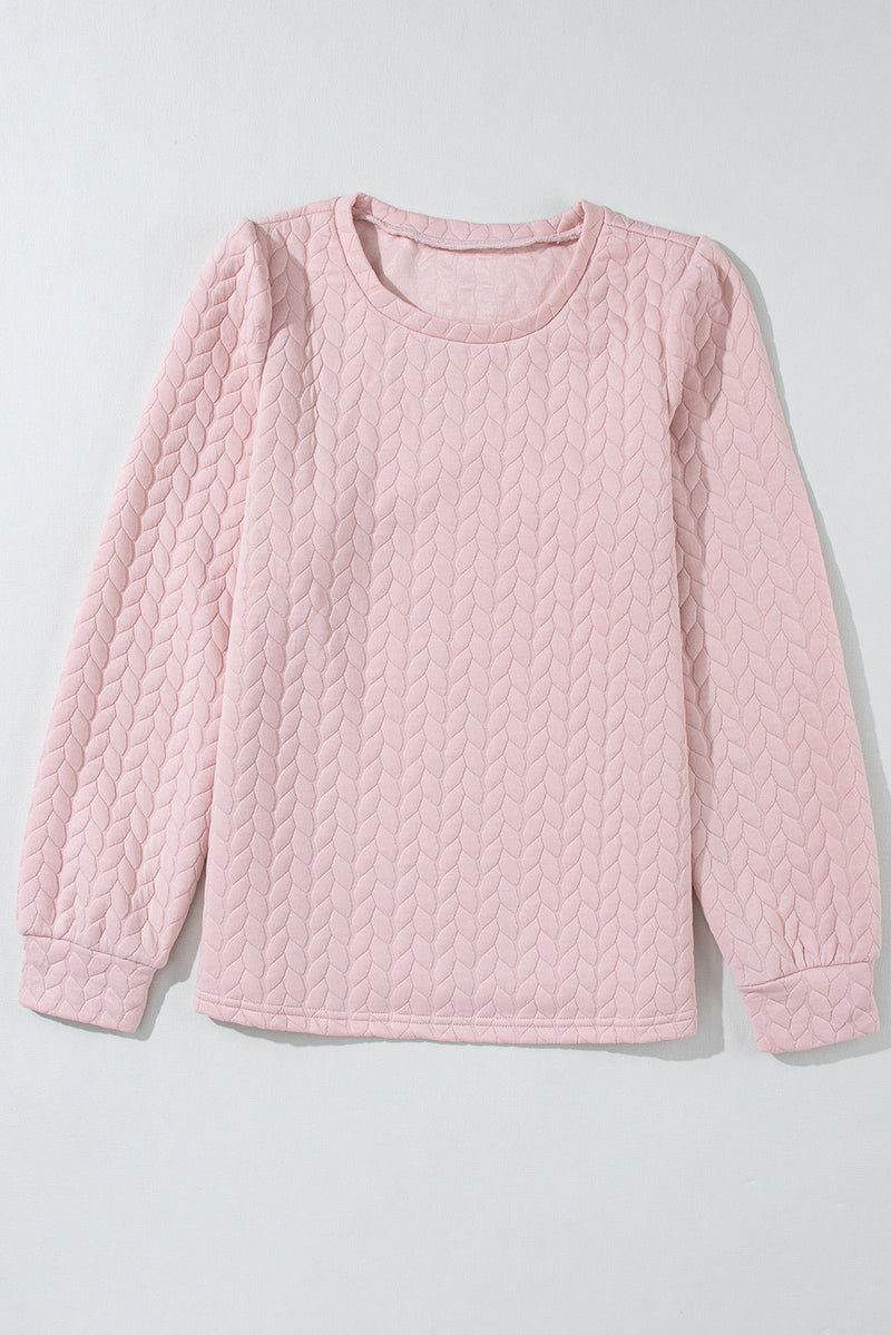 Light Pink Cable Textured Puff Sleeve Sweatshirt