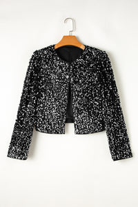 Black Sequined Open Front Cropped Jacket