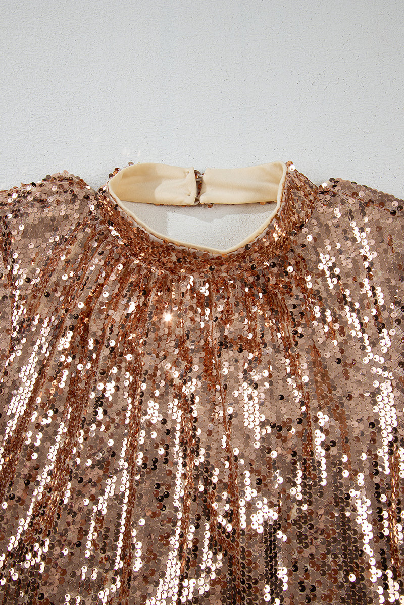 Gold Sequined Long Sleeve Cutout Back Mini Dress