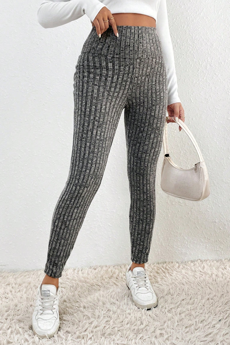 Gray Wide Waistband Ribbed Textured Knit Leggings