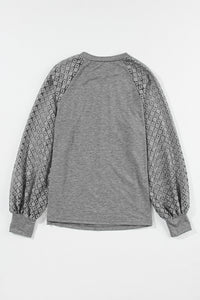 Gray Contrast Lace Raglan Sleeve Plicated Knit Top