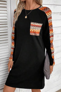 Orange Contrast Geo Raglan Sleeve Patchwork Dress